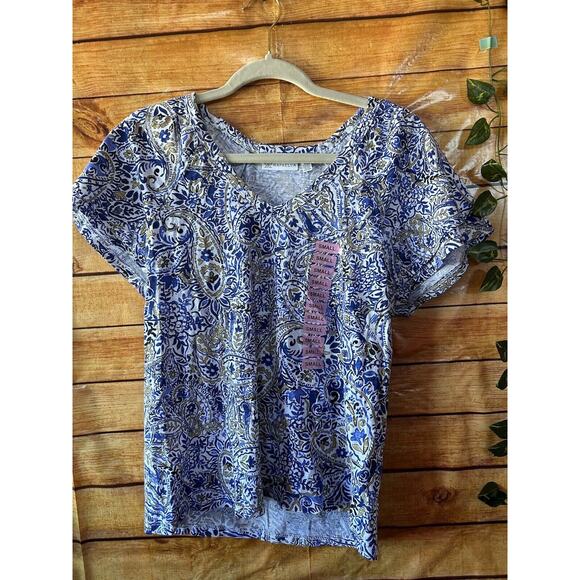 Rafaella Amparo Blue Knit V-Neck Ruffle Sleeve T Shirt Top Women’s Size S 💖💖 - Picture 1 of 5